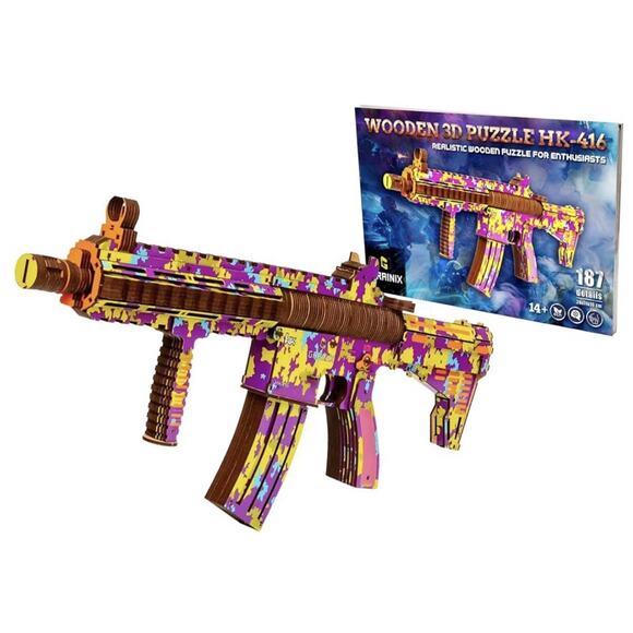 HK-416 Wooden 3D Gun Puzzle Kit GRAINIX DIY Rubber Band Model 202pc Sealed - Picture 2 of 8